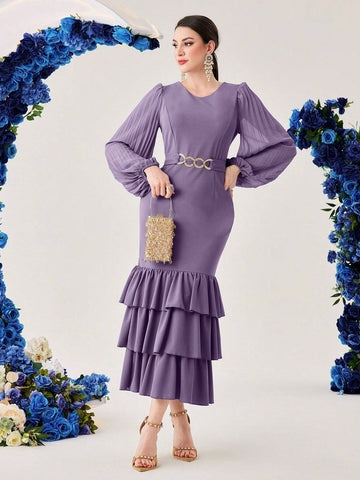 Metallic Detailing Lantern Sleeve Mermaid Hem Dress