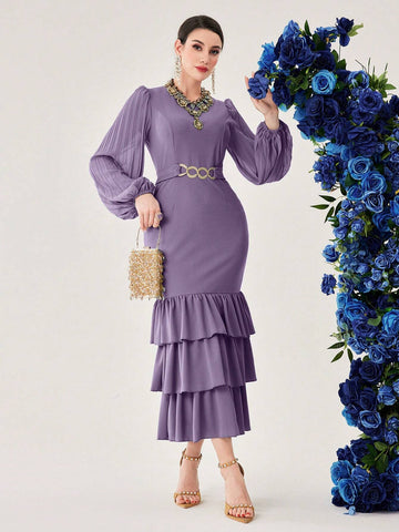 Metallic Detailing Lantern Sleeve Mermaid Hem Dress