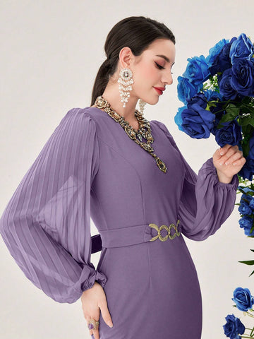 Metallic Detailing Lantern Sleeve Mermaid Hem Dress