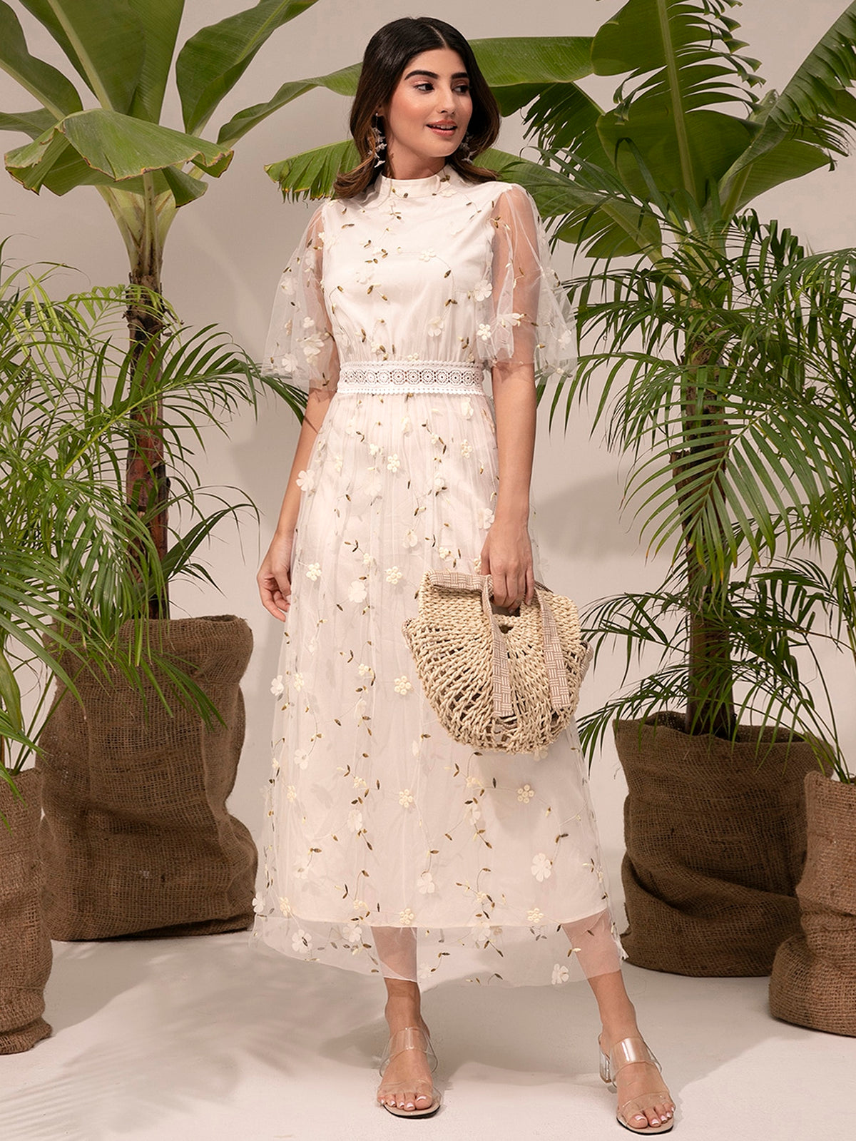 Modely Mock Neck Embroidery Mesh Dress