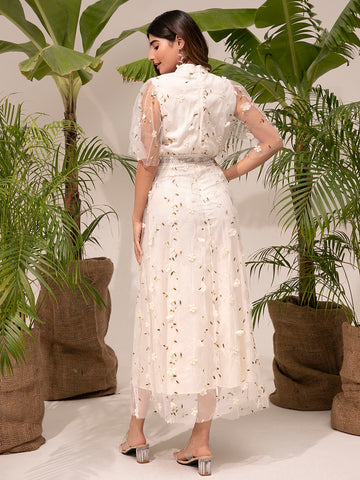 Modely Mock Neck Embroidery Mesh Dress