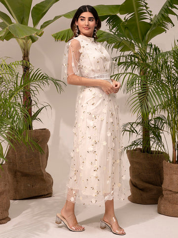 Modely Mock Neck Embroidery Mesh Dress