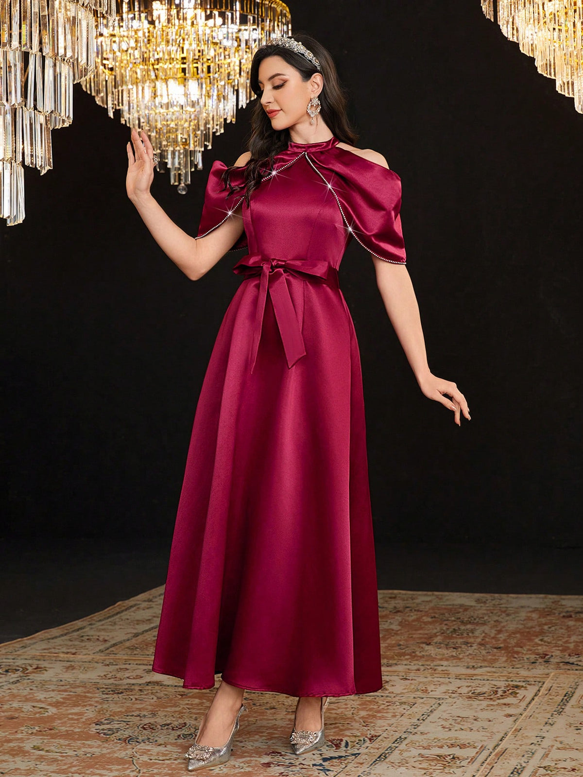 Off-Shoulder Rhinestone Embellished Waist Cinched Dress