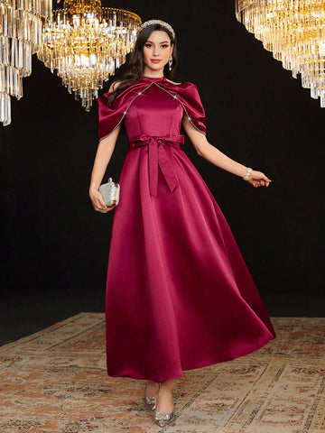 Off-Shoulder Rhinestone Embellished Waist Cinched Dress