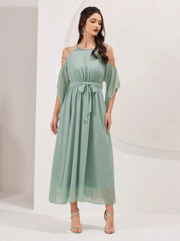 Off-Shoulder Strap Double Layer Design Dress