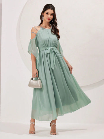 Off-Shoulder Strap Double Layer Design Dress