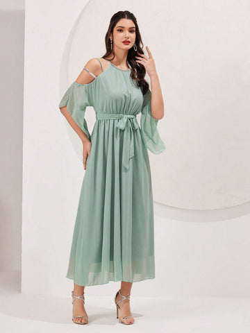 Off-Shoulder Strap Double Layer Design Dress