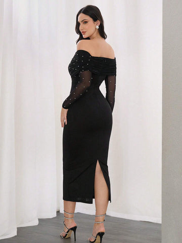 Off Shoulder Pearls Beaded Mesh Insert Bodycon Dress