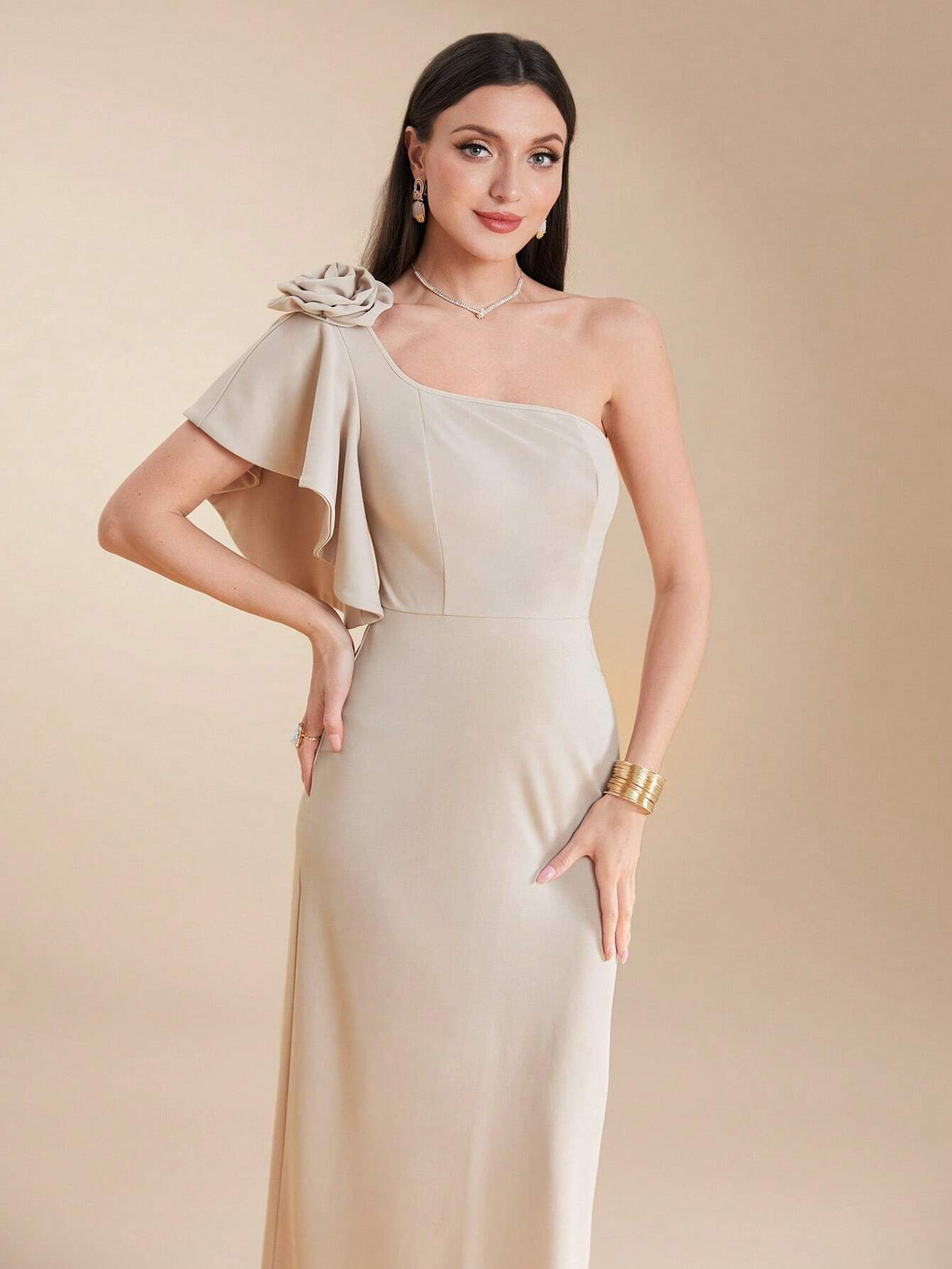 One Shoulder Frill Floral Embellished Party Dress For Women, Summer
