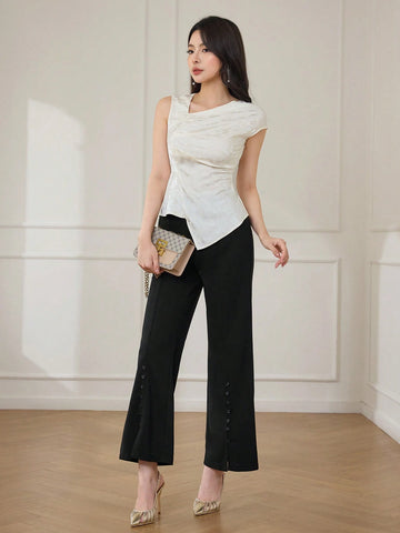 Modely Pleated Asymmetrical Design Jacquard Shirt