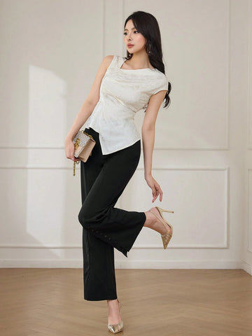 Modely Pleated Asymmetrical Design Jacquard Shirt