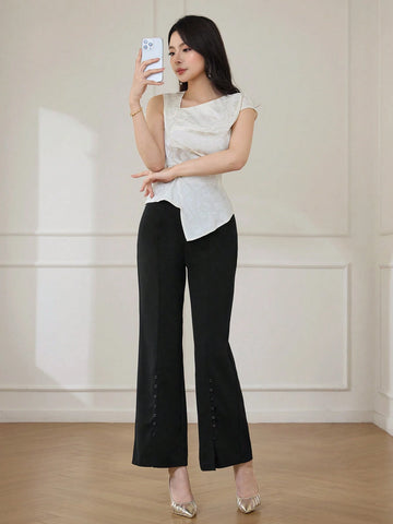 Modely Pleated Asymmetrical Design Jacquard Shirt