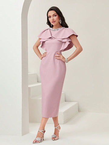 Modely Rhinestone Detail Ruffle Trim Split Back Dress