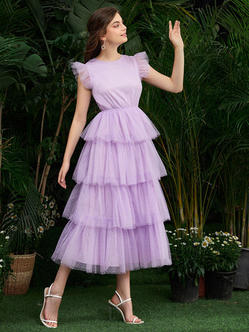 Modely Ruffle Armhole Layered Hem Dobby Mesh Dress