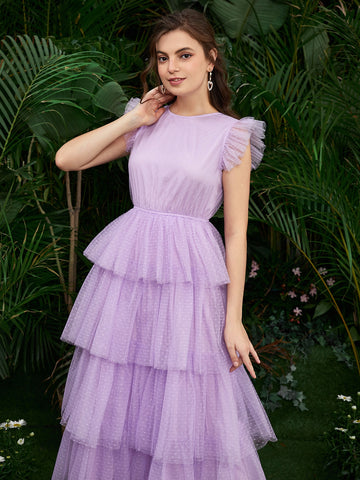 Modely Ruffle Armhole Layered Hem Dobby Mesh Dress