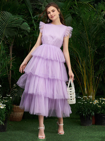 Modely Ruffle Armhole Layered Hem Dobby Mesh Dress