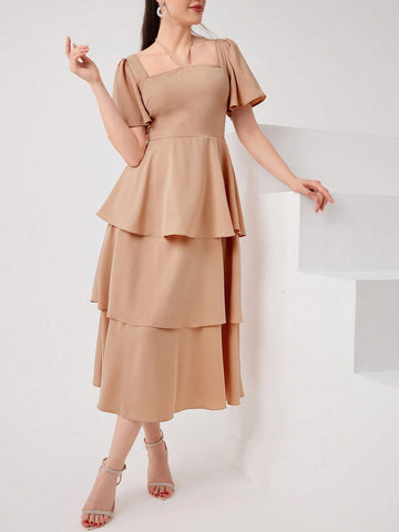Simple Women's Solid Color Square Neck Ruffle Sleeve Summer Dress