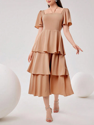 Simple Women's Solid Color Square Neck Ruffle Sleeve Summer Dress