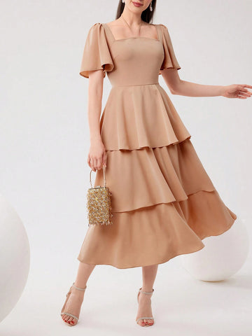 Simple Women's Solid Color Square Neck Ruffle Sleeve Summer Dress