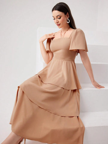 Simple Women's Solid Color Square Neck Ruffle Sleeve Summer Dress