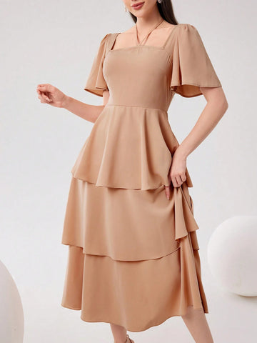 Simple Women's Solid Color Square Neck Ruffle Sleeve Summer Dress