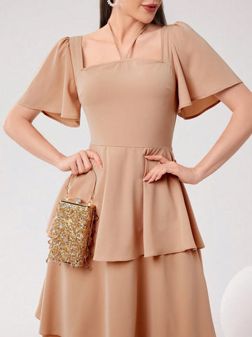 Simple Women's Solid Color Square Neck Ruffle Sleeve Summer Dress