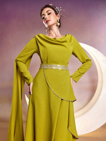 Solid Color Draped Neckline Dress