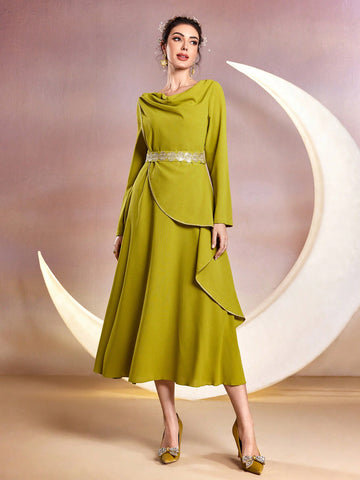 Solid Color Draped Neckline Dress