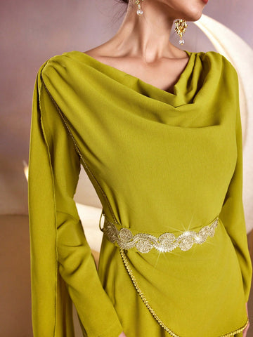 Solid Color Draped Neckline Dress