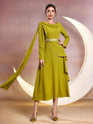 Solid Color Draped Neckline Dress
