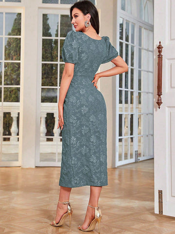 Solid Color Jacquard Puff Sleeve Front Button Splitted Dress