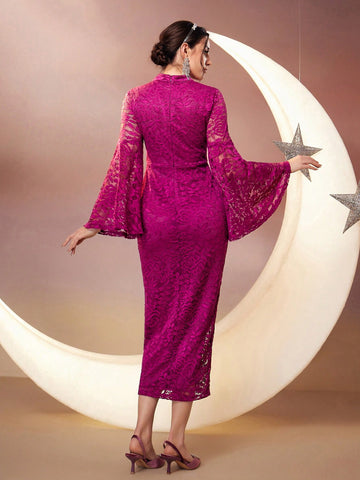Solid Color Lace Bell Sleeve Stand Collar Dress