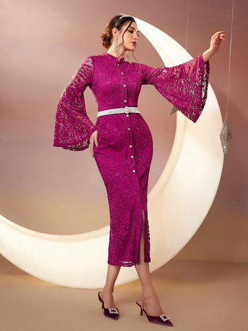 Solid Color Lace Bell Sleeve Stand Collar Dress