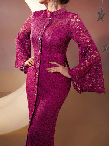 Solid Color Lace Bell Sleeve Stand Collar Dress