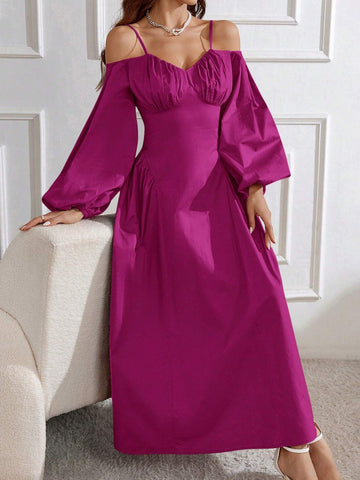 Solid Color Lantern Sleeve Off-Shoulder Neckline Belted Dress