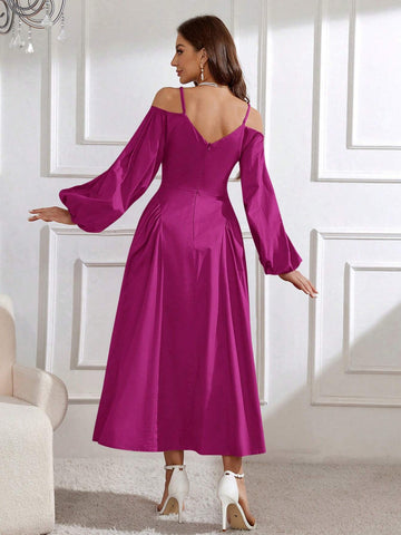 Solid Color Lantern Sleeve Off-Shoulder Neckline Belted Dress