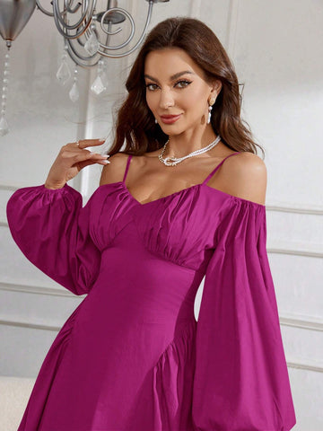 Solid Color Lantern Sleeve Off-Shoulder Neckline Belted Dress