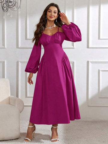 Solid Color Lantern Sleeve Off-Shoulder Neckline Belted Dress