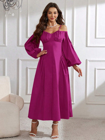 Solid Color Lantern Sleeve Off-Shoulder Neckline Belted Dress
