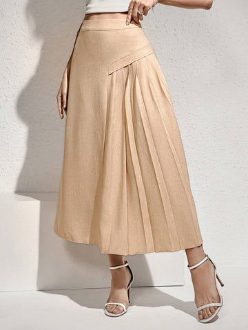 Modely Solid Color Pleated Casual Skirt, Versatile