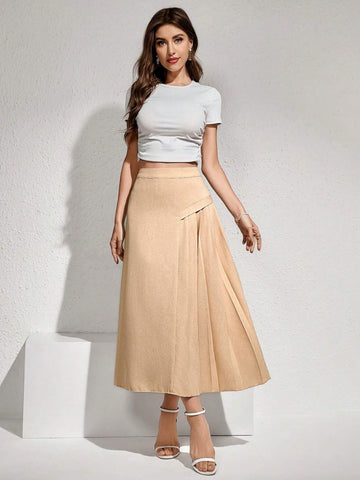 Modely Solid Color Pleated Casual Skirt, Versatile
