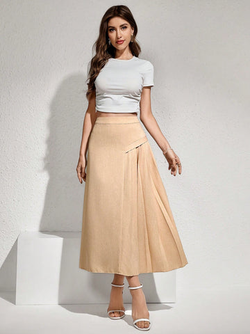 Modely Solid Color Pleated Casual Skirt, Versatile