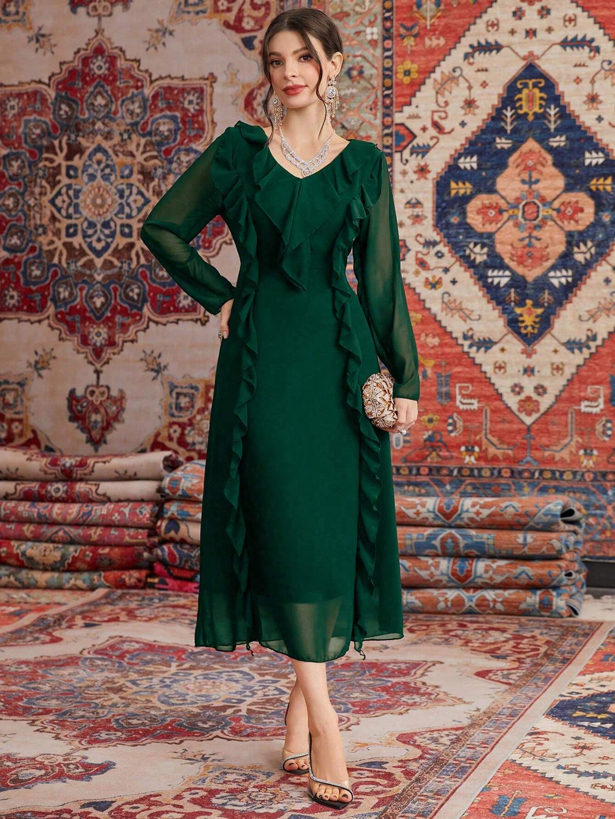 Solid Color Ruffled Hem Waist-Tie Dress