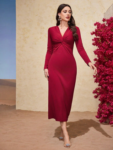 Solid Color Twist Knot Waistband Dress