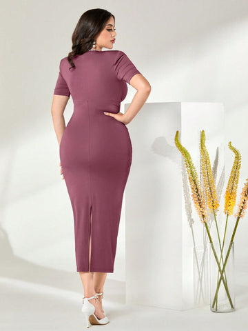 Solid Color V-Neck Back Split Slim Fit Bodycon Dress