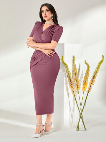 Solid Color V-Neck Back Split Slim Fit Bodycon Dress