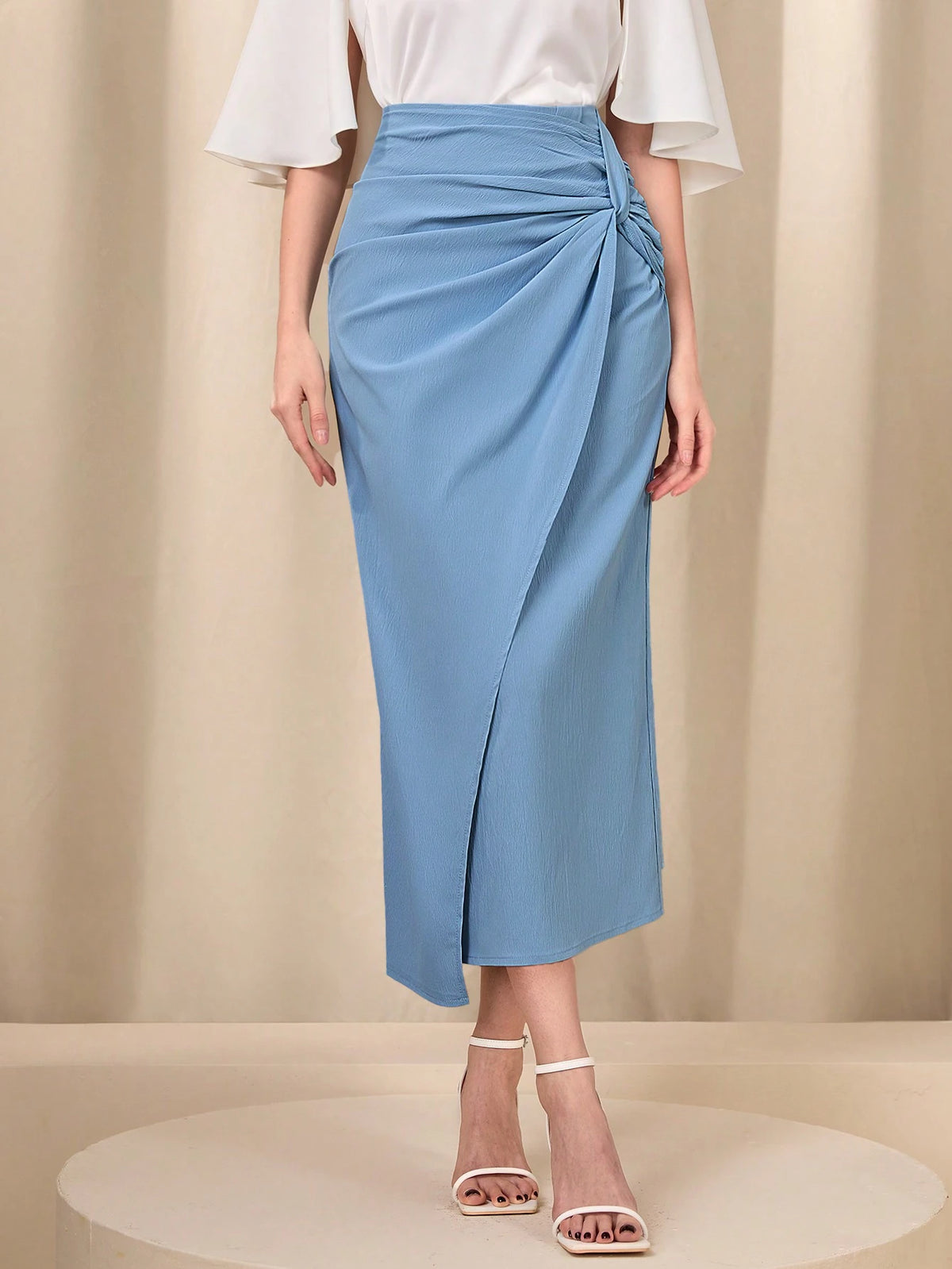 Modely Solid Color Waist Ruched Twist Skirt For Women
