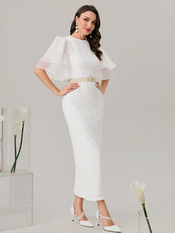 Modely Solid Flounce Sleeve Split Back Textured Dress