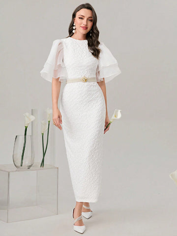 Modely Solid Flounce Sleeve Split Back Textured Dress