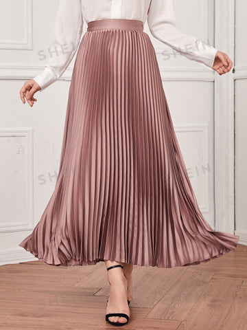Modely Solid High Waist Pleated Satin Skirt